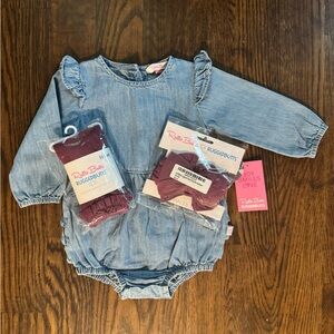 Ruffle Butts Long Sleeve Flutter Bubble Romper denim bundle with bow and tights